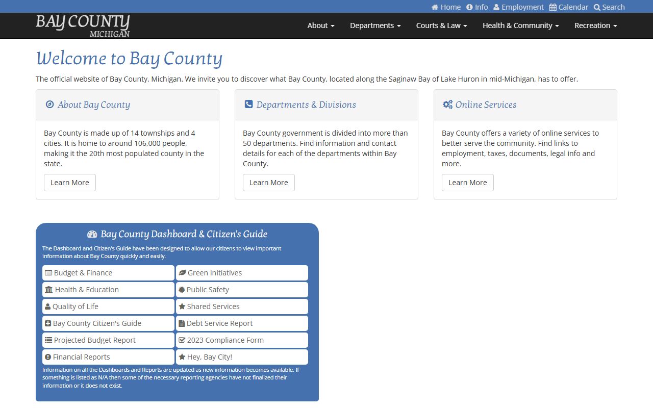 Bay County official website homepage with county services and department contacts