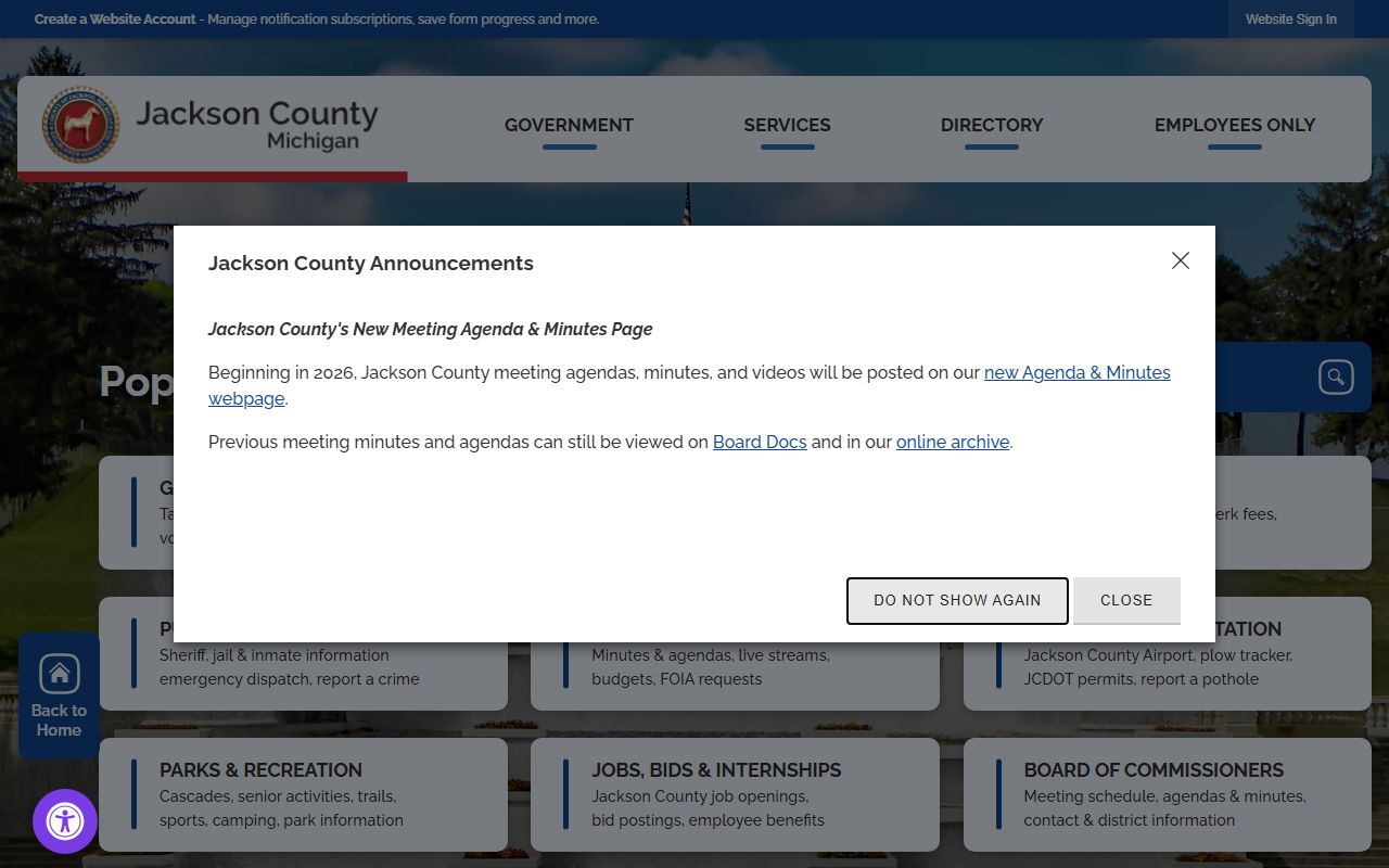 Jackson County official website homepage with county departments and services
