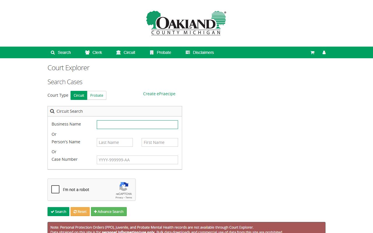 Oakland County Court Explorer online case search system for divorce records