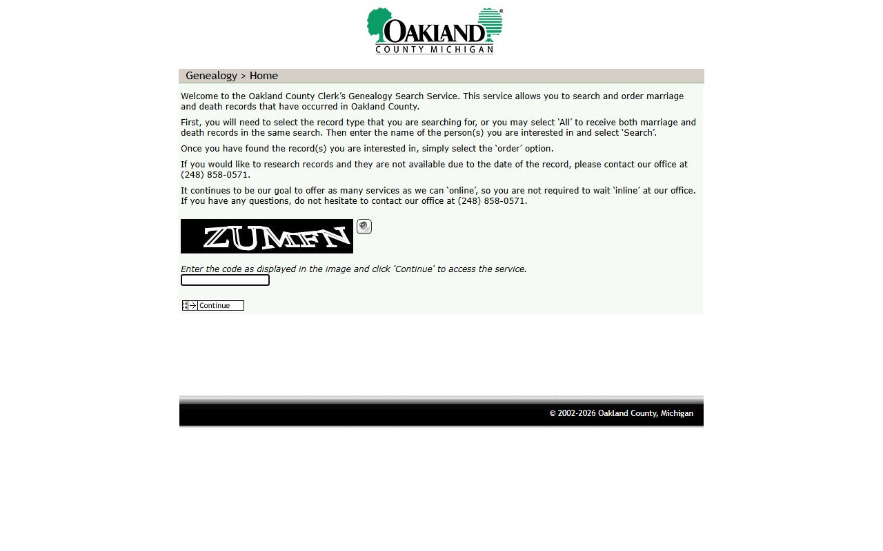 Oakland County Genealogy Search portal for historical court and vital records