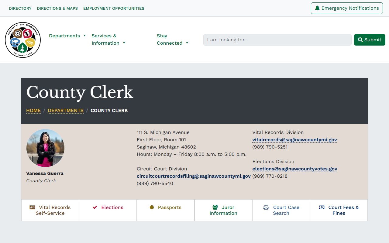 Saginaw County Clerk website with divorce records request information