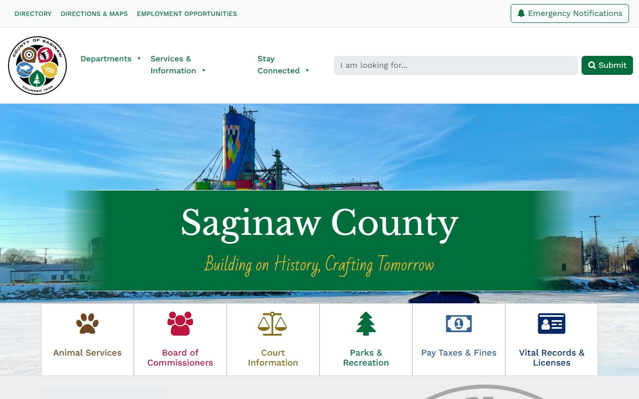 Saginaw County official website homepage with county departments and contact information