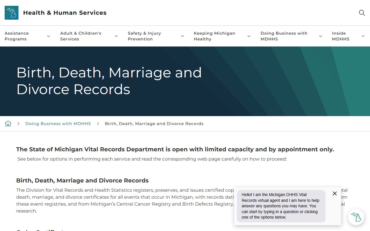 Michigan MDHHS Vital Records website for divorce certificate requests