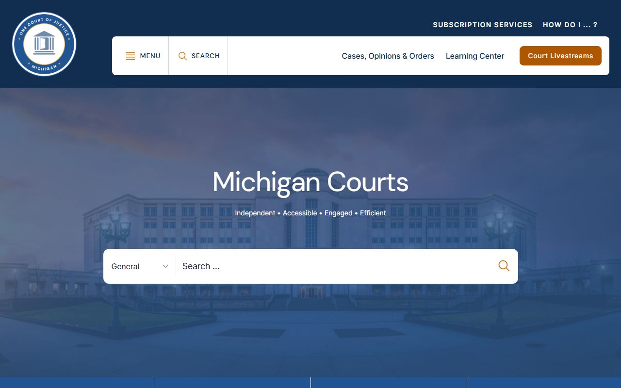 Michigan Courts official website homepage with court case search resources